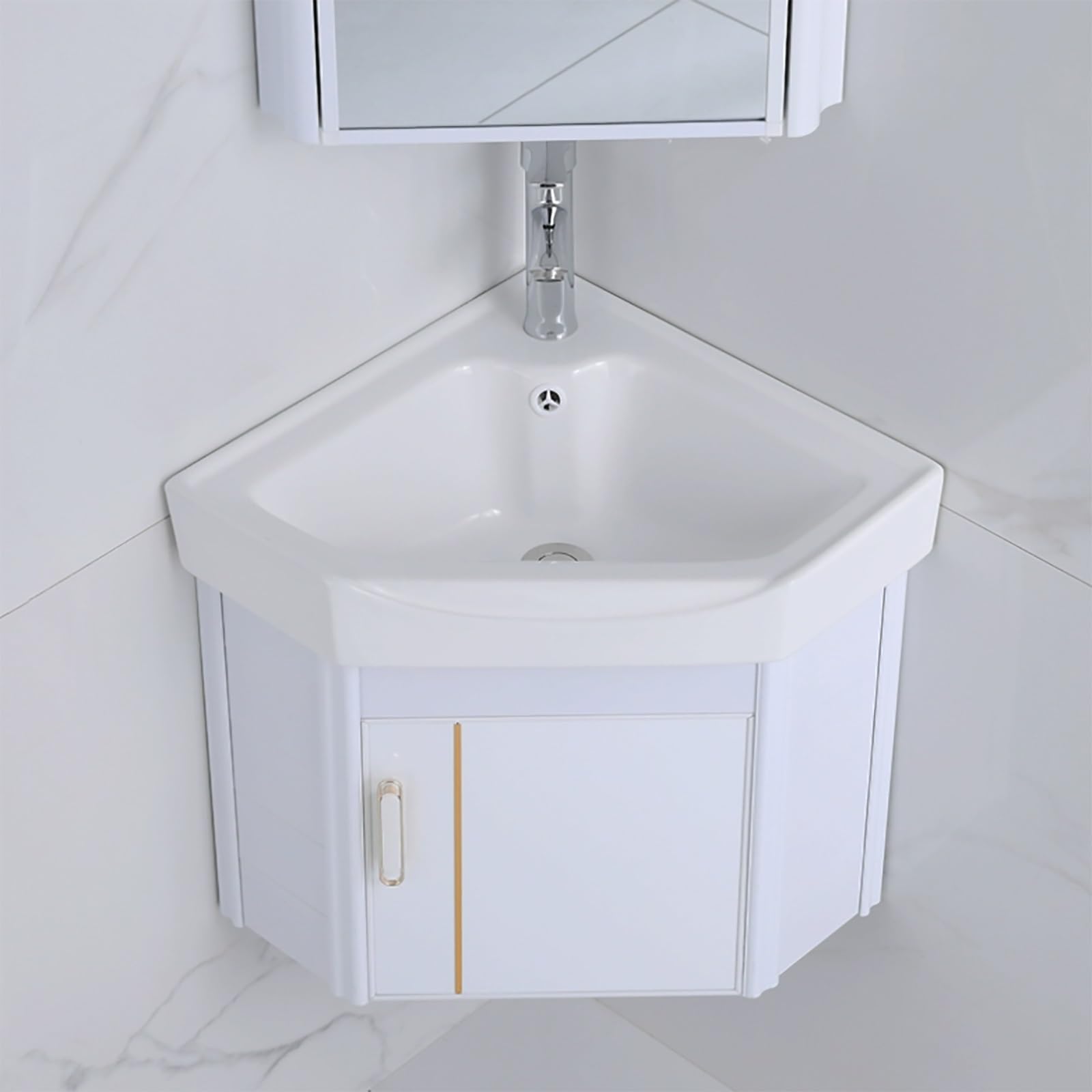 GLJTUO Modern Corner Bathroom Sink with Vanity Cabinet - 15" Wall-Mounted Ceramic Sink Space-Saving Design with Faucet & Drain Perfect for Small Bathrooms and Stylish Interiors,White-42cm/16.5in