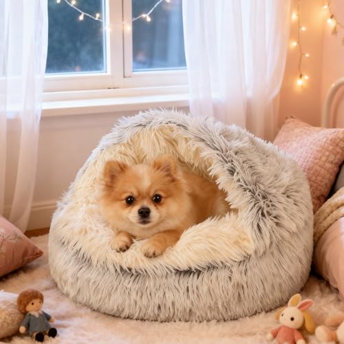 SHJOEE Grau 50cm Katzenbett Flauschig Katzendeckett, Weiches Plüsch, Höhle mit Kapuze, 2-in-1 Hundebett Rund Hundekissen Hundesofa Haustierbett für Katzen und kleine mittelgroße Hunde