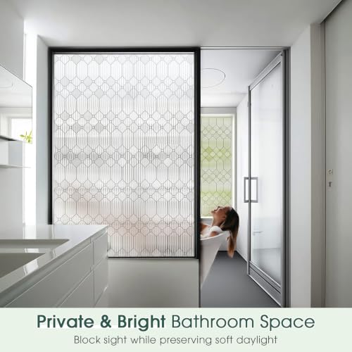Image of Coavas Reeded Glass Window Privacy Film, 3D Fluted Frosted Static Cling, No Glue Removable, Renter Friendly Day & Night Privacy, UV Blocking Anti-Glare for Bathroom Glass Door 29.5x78.7in, Reeded