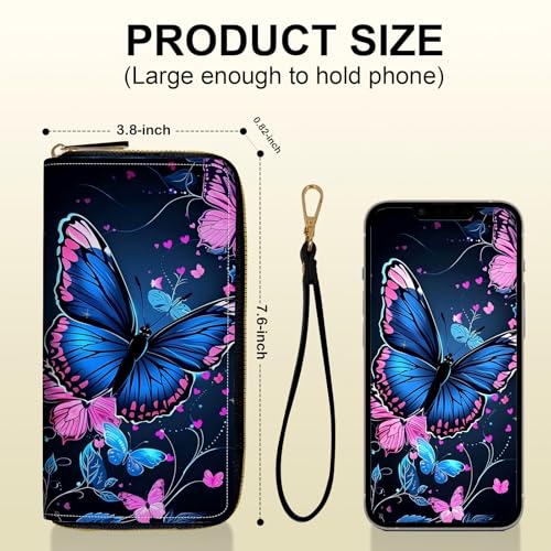 Women's Card Holder Wristlet Wallet, Convenient Travel Long Wallet with Strap and Pink Compact Mirror, Fashion and Sturdy Wristlet Long Purse for Women, Colorful Butterflies3