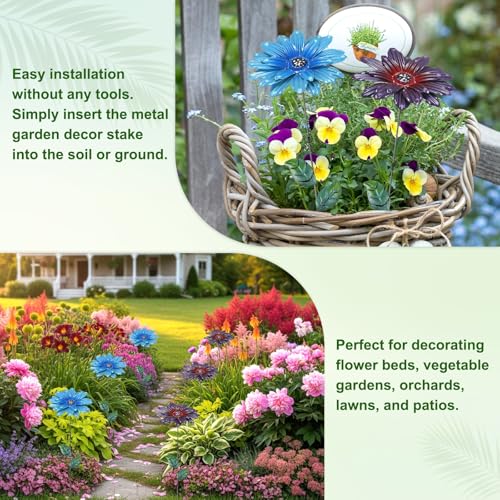 M METERXITY 4 Pack Large Flower Garden Decor Stakes, 13 Inch Waterproof Metal Garden Stakes Spring Decor for Indoor/Outdoor/Lawn/Flower Pot/Bed/Bouquets/Patio/Home Decor [2 Blue & Purple] by M METERXITY - Used condition - Image 5