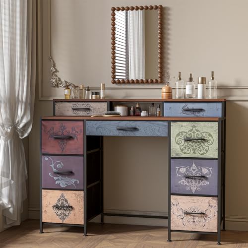 KSFASHZ Tocador Vintage Sin Espejo, Tocador de Madera con 9 Cajones, 121 x 40 x 91,2 cm, Mesa de Maquillaje con Almacenamiento