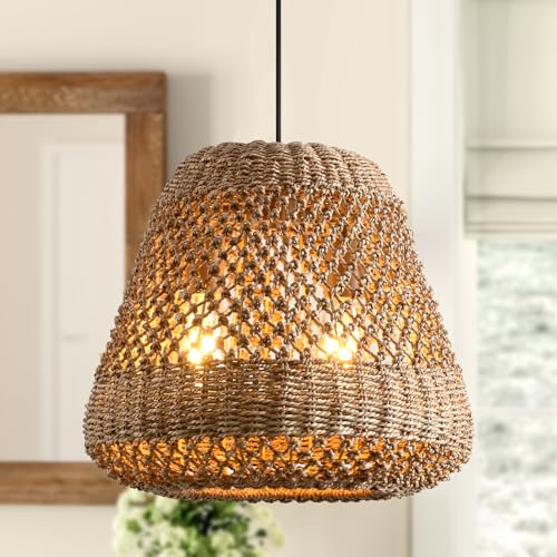 hualuosi 15.8in Farmhouse Rattan Chandelier Boho Rattan Pendant Light Fixture Over Island Brown Woven Dining Lights Wicker Hanging Lighting for Restaurant Kitchen Island Bedroom Room Foyer Bar Entry