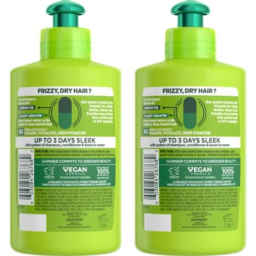 Garnier Fructis Sleek and Shine Intense Smooth Leave In Conditioner, Conditioning Hair Cream for Frizzy, Dry Hair, Plant Keratin + Argan Oil, 10.2 Fl Oz (Pack of 2)