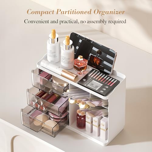 Delamu Makeup Organizer with Drawers, Multi-Function Vanity Organizer Countertop, Stackable Desk Organizer for Makeup Brush Lipstick Skincare Bathroom Vanity Organization and Storage, White - Image 3