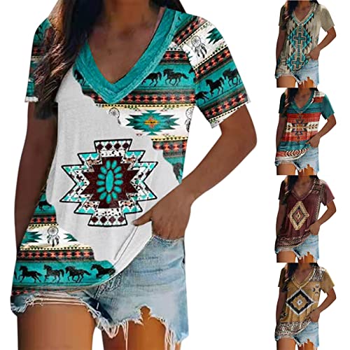 Blusa feminina de manga curta solta estilo étnico camiseta estampada gola V top gola V praia confort
