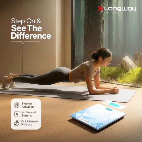 Image of Longway Weight Machine for Home | Digital Bathroom Scale for Human Body Weight Measurement | Extra Thick Tempered Glass with LCD Display | 3 Years Warranty (Blue | Max Weight 180Kgs | Sapphire)