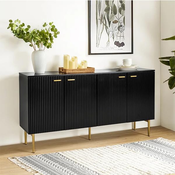 Heera Moti Vertical Line Sideboard for Living Room, Small, White, MDF with PU Paint, Storage Cabinet Soft-Close Hardware, Four Door (Black, Small)-image-16