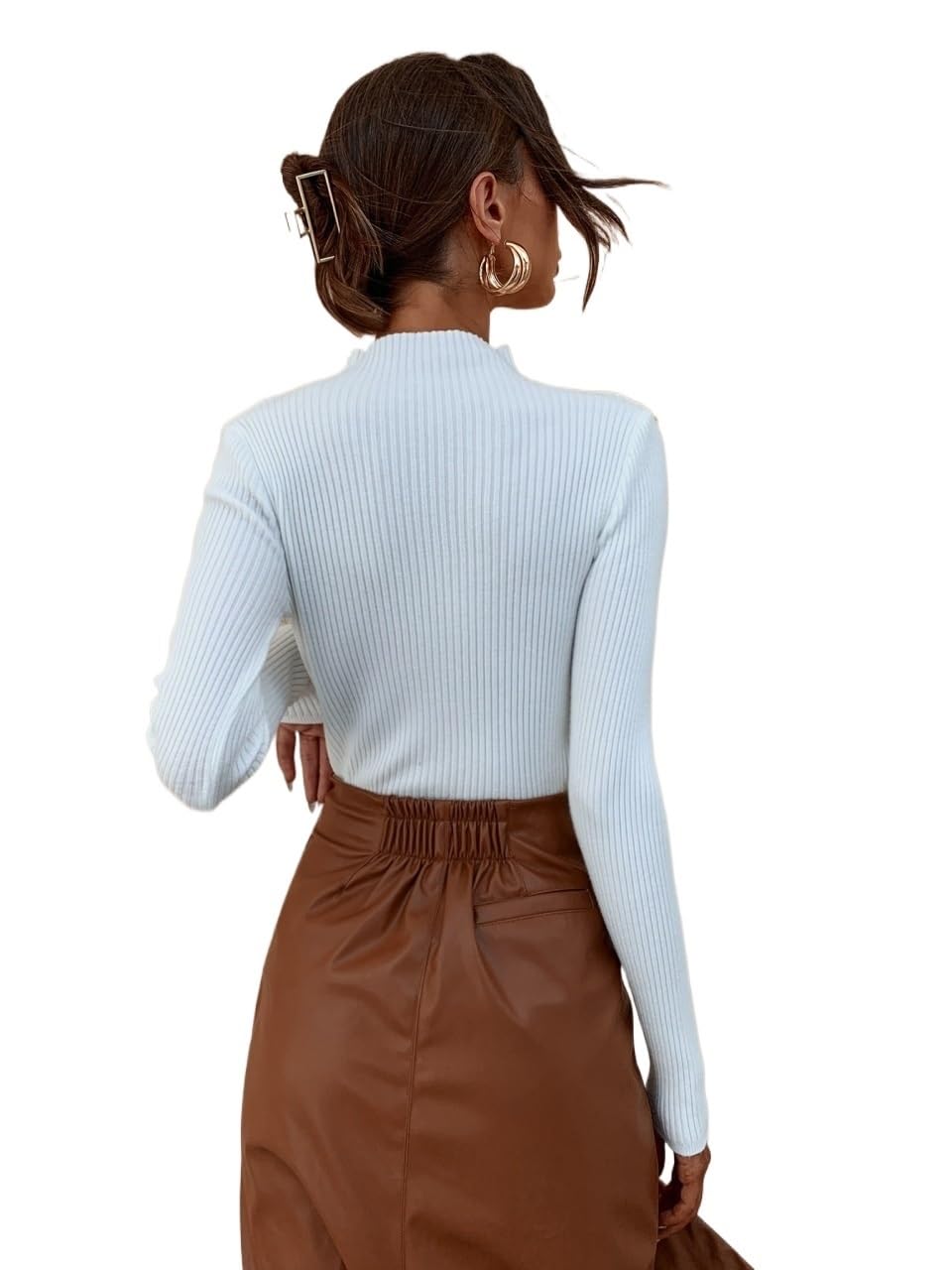 ADIDU fall sweaters for women 2023 Long Sleeve Stand Collar Mock Neck Ribbed Knit Solid Sweater Workwear