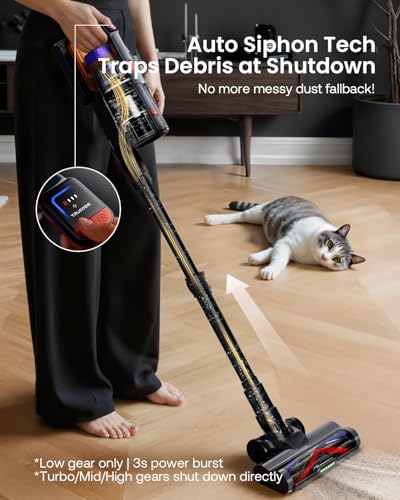 Image of Cordless Vacuum Cleaner for Home, Upgraded 60Kpa Powerful Suction Pet Hair Vacuum with 70min Runtime, Green LED Light for Hardwood Floors & Carpet, Self-Standing Rechargeable Stick Vacuum, Golden