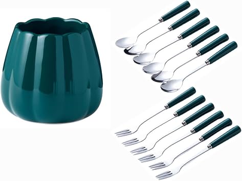 12 Pieces Stainless Steel Fruit Fork Set Light Luxury Ceramic Storage Jar Fruit Pick Household Watermelon Fork Spoon Dark green