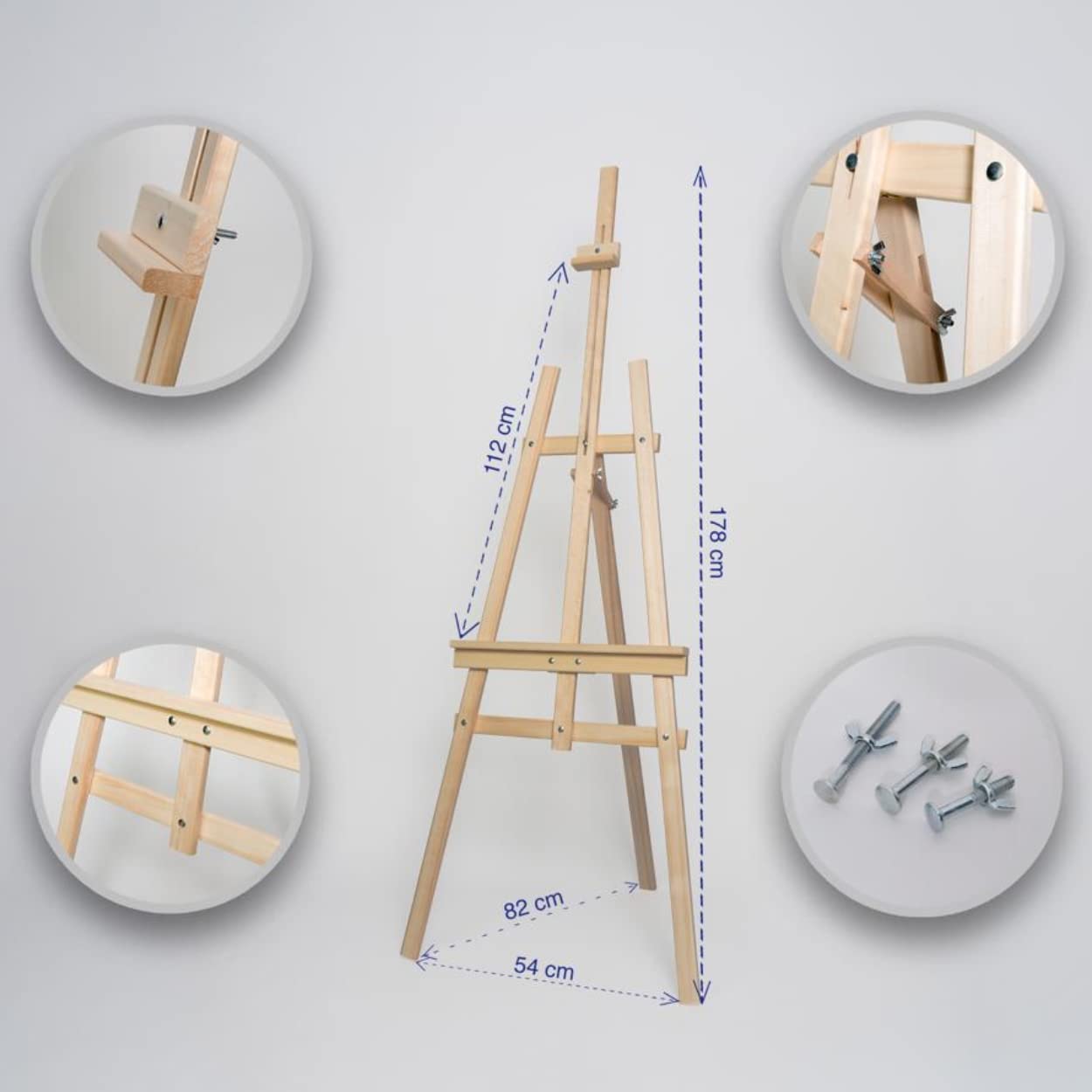 Cavalletto XXL in legno di faggio, 170 cm, per pittura, esposizione, pubblicità esterna. Adatto per tele fino a 100 cm di altezza. Cavalletto regolabile per presentazioni per matrimoni, eventiv