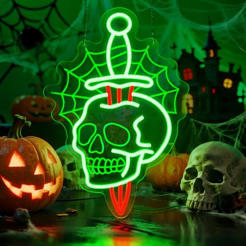 Sneignon Halloween Skull Neon Sign with Dagger & Web Design,Skull