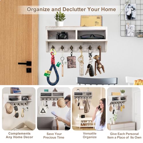 Image of Key Holder Wall Mount - Mail Organizer Wall Mount with 6 Key Hooks and Storage Box for Sunglasses Storage and Dog Leash Holder Home Decor Rack Apartment Farmhouse Shelf Entryway Organizer (White)