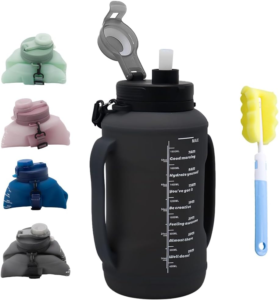 64oz Collapsible Silicone Water Bottle with Straw, BPA-Free, Foldable Travel Bottle Portable for Gym, Hiking, Camping (Black)