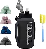 LELExilan 64oz Foldable Silicone Water Bottle with Straw & Time Markers - BPA-Free Leakproof Collapsible Jug w/ Handle for Gym, Hiking, Camping (Black)