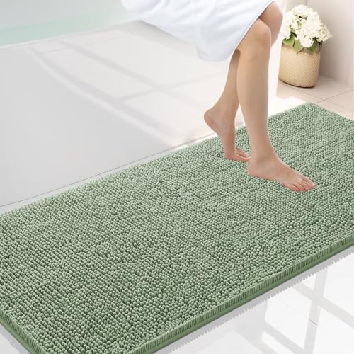 Smiry Luxury Chenille Bathroom Rugs 59x24, Extra Soft and Absorbent Shaggy Bath Mat, Machine Washable, Non-Slip Plush Carpet Runner for Tub, Shower, and Floor, Home Decor Accessories, Sage Green