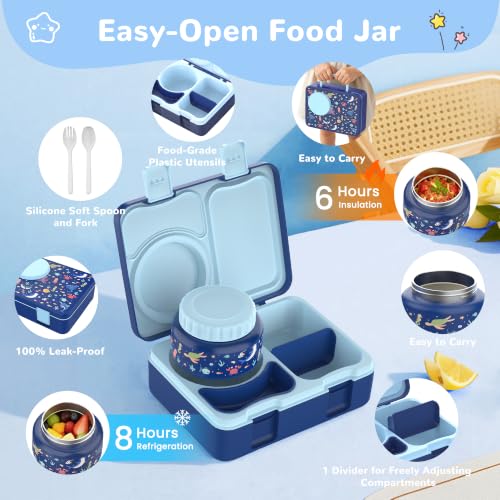 Image of Bento Box for Kids, Leakproof Kids Lunch Box with 8.5OZ Thermo Food Jar & Lunch Bag, 3-4 Compartments Toddler Insulated Lunch Box for Girls, BPA Free Lunch Containers for School Daycare