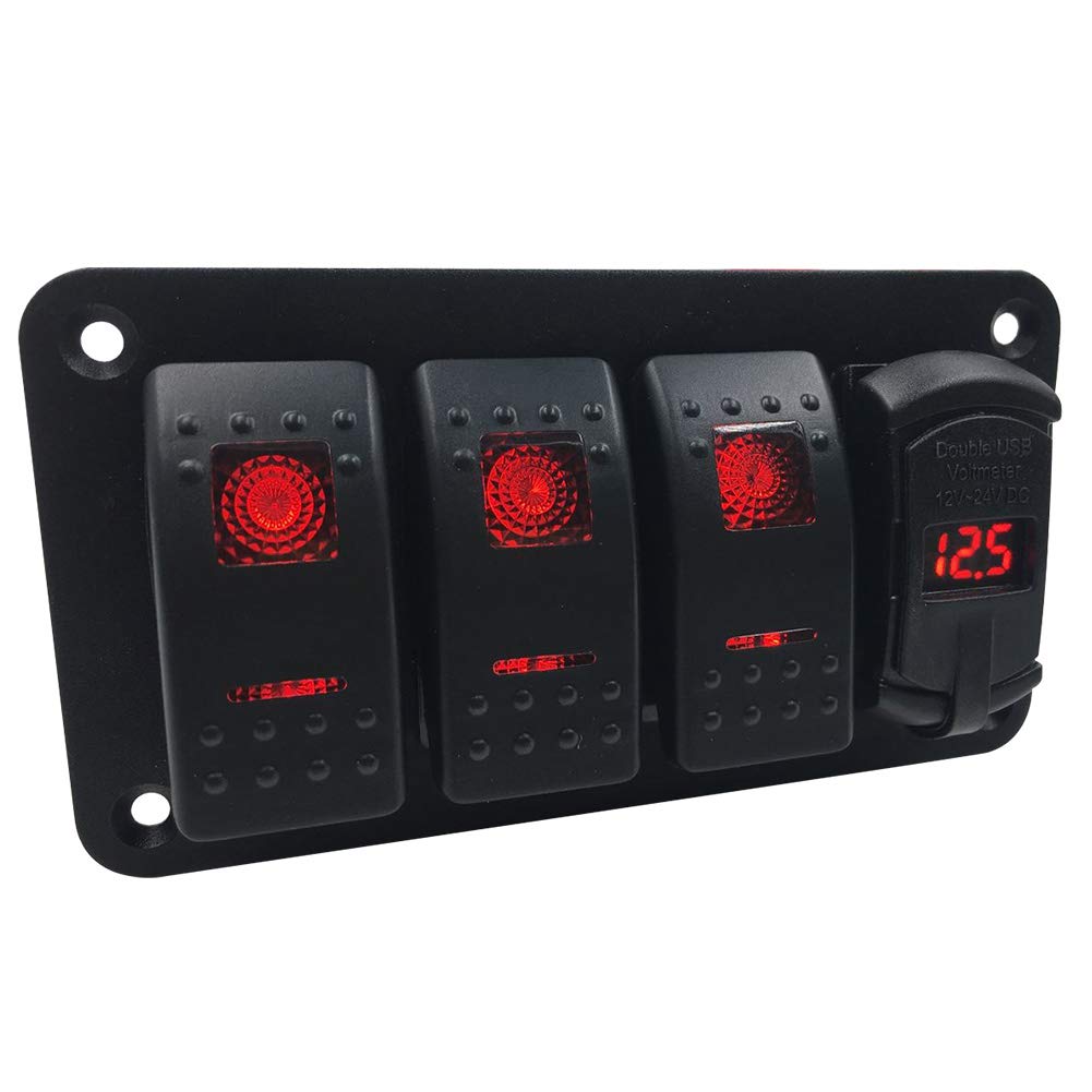 🛒 Crаzу Dеаlѕ Switchtec 3 5 7 Gang Rocker Switch Aluminum Panel & 4.8 Amps Dual USB Fast Charger with Voltmeter, Red Backlit Led, Pre-Wired for Marine, Boat, Car, Truck, Polaris, Jeep (4.8A USB & 3 Switches Red)