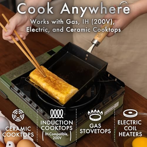 Image of HIBINO Tamagoyaki Carbon Steel Pan | Made in Japan | Nonstick, Even-Heating, 30% Lighter Design | Japanese Egg Pan with Detachable Wooden Handle | for Bento, Breakfast & Everyday Cooking