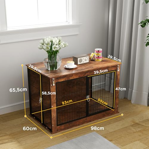 PawHut Hundekäfig Möbel, Hundebox für Zuhause, für große Hunde unter 30 kg, Hundehaus mit 2 verschließbaren Türen, Stahl, 98 x 60 x 65,5 cm, Rustikales Braun