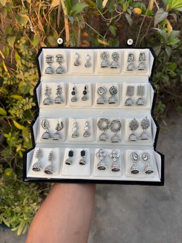 Image of 16 Pairs Silver Oxidised Premium Jhumka Earring Set with Premium Gift Box - Traditional Indian Ethnic Jewelry for Women & Girls - Lightweight Multi-color Jhumki Combo for Weddings, Festivals & Gift For Partner