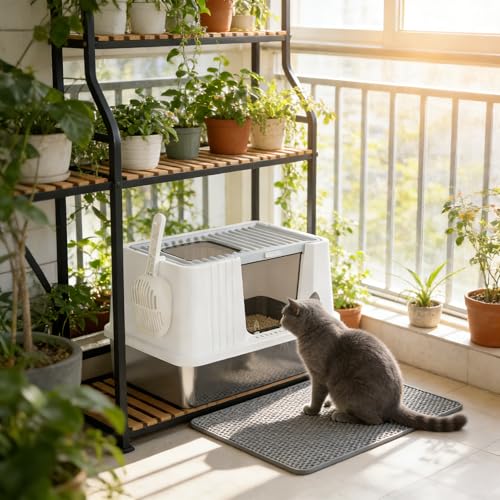 Caja de arena para gato de acero inoxidable Oneluck con tapa miniatura 1