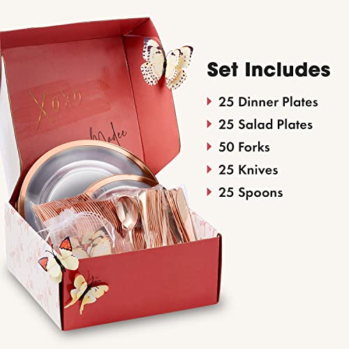 By Madee Heavyweight Plastic Plates Disposable Dinnerware Set - Rose Gold & Clear 150 Piece Set For 25 Guests - Dinner & Salad Plates, Silverware & Gift Of 3D Butterflies - Premium Plastic Supplies #TOP4