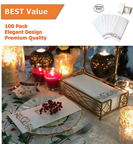 Elegant Decorative Gold Linen-Feel Guest Hand Napkins Towels | Gold Heart Design| Disposable Soft Absorbent | Kitchen Bathroom Baby Party Wedding Birthday Cocktail Anniversary Dinner Luncheon 100-Pack #TOP6