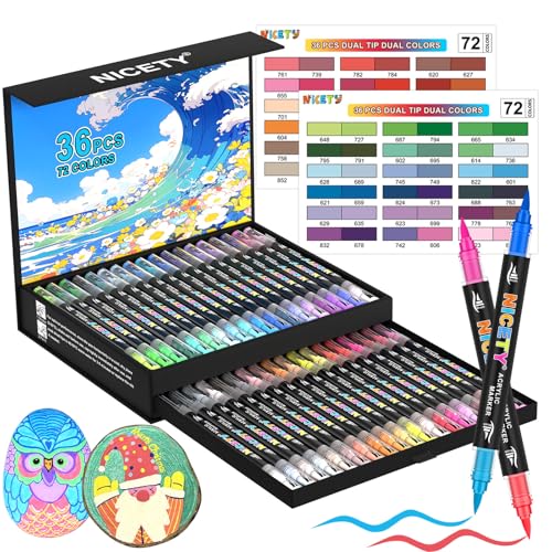 NICETY 72 Colors Dual-Tip Acrylic Paint Markers – 36 Double-Color Brush Pens with 1–5mm Flexible Tips, Water-Based Quick-Dry Non-Toxic Paint Pens for Rock Wood Glass Ceramic Metal Fabric Canvas