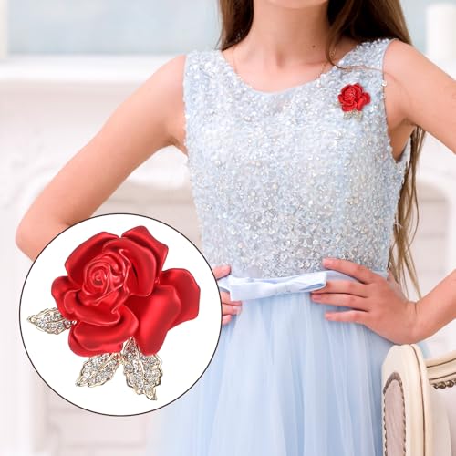 Image of Rose Flower Brooch Pin, 3D Crystal Rose Pin Rhinestone Floral Brooch Vintage Red Brooches 3D Floral Dress Accessories Red Roses Crystal Pins for Women Girls Hat Bag Suit Dress