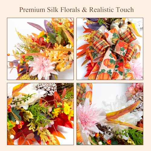 24" Fall Wreaths for Front Door Outside, Autumn Thanksgiving Harvest Wreath with Pumpkins Dahlias Pinecones & Bow Farmhouse Decoration for Porch Wall Indoor