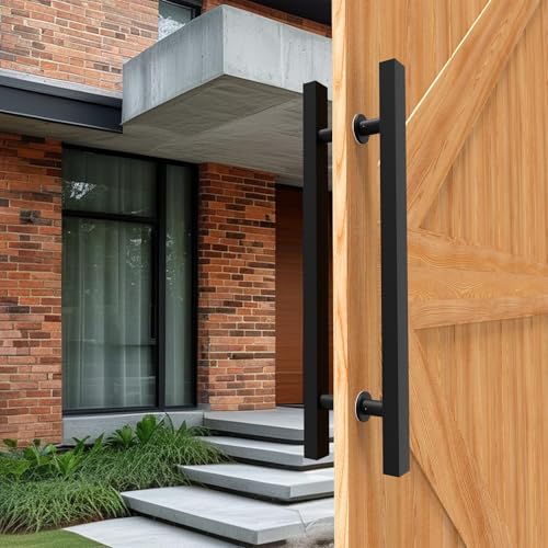 Image of 24 inch Matte Black Square Barn Door Pull Handle Double Sided | Heavy Duty 304 Stainless Steel, 15-3 /4 inch Hole Spacing, Fits 3 /4 inch-2 inch Thick Barn, Front Entry, Sliding & Exterior Doors