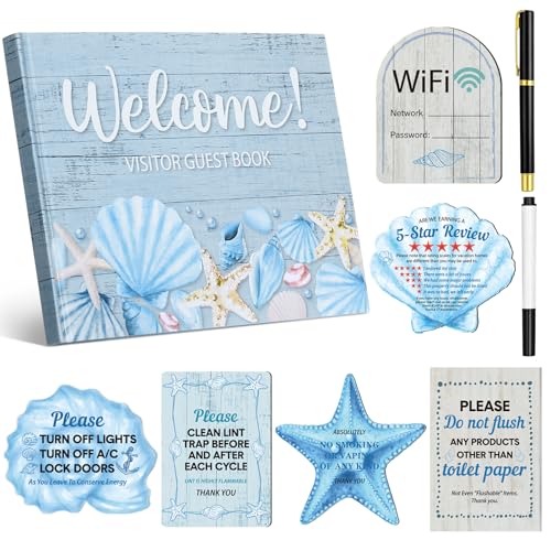 Eaasty 9 Pcs Rental House Essentials for Hosts 10 x 8 Inches 120 Pages Coastal Cabin Guest Book for Vacation Home Guesthouse Welcome Log Short Term Rentals Sign and Fridge Magnets