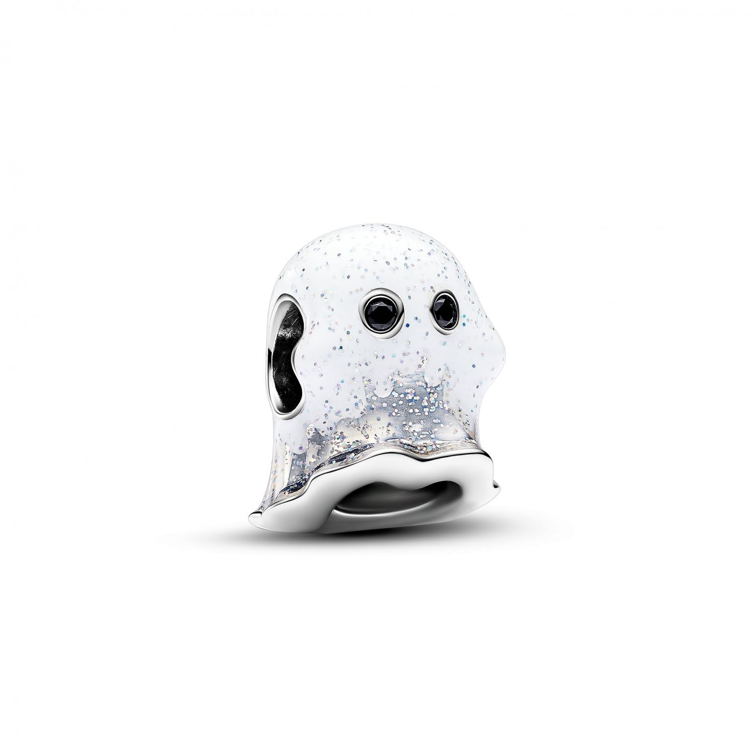 PANDORASterling Silver Glow The Boo Ghost Charm with Black Crystal for Women, White/Dark Enamel