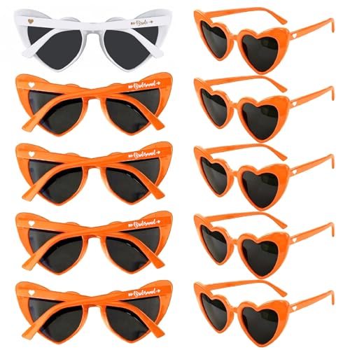 Bridesmaid 10 Pack Heart Shaped Bachelorette Sunglasses, UV400 Protection Fashion Heart Bride Tribe Sunglasses for Wedding Bridal Party Favors Gift, Terracotta