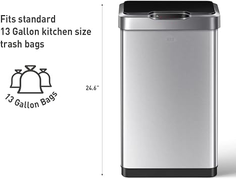 EKO Mirage-T 50 Liter / 13.2 Gallon Touchless Rectangular Motion Sensor Trash Can or Recycling Bin, Brushed Stainless Steel Finish