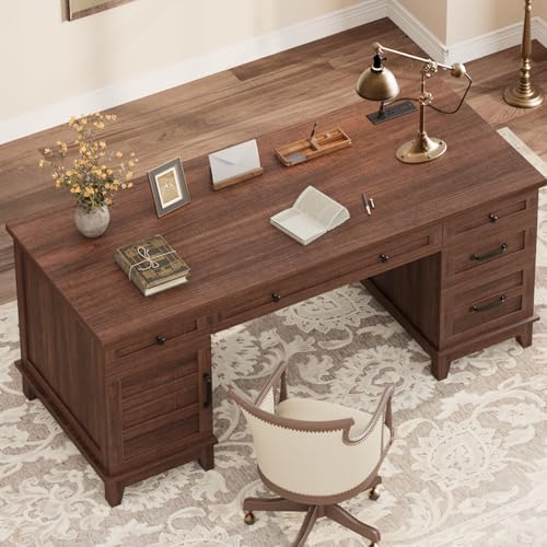 GarveeHome Executive Desk with File Drawers, Farmhouse Home Office Desk with Charging Station, 60" Wooden Computer Desk with Cabinet Storage for Work Study Writing, Walunt Brown