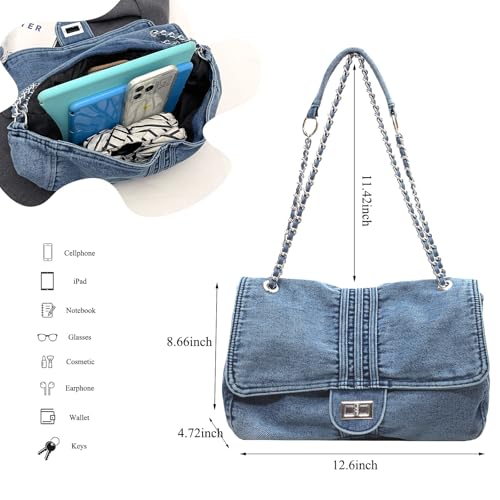 Image of Large Denim Purses for Women Denim Tote Bag Casual Retro Crossbody Lightweight Shoulder Bag Canvas Handbags