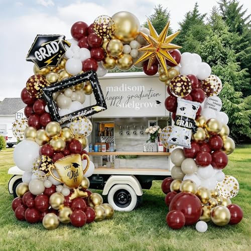 Image of 141Pcs Ruby Red Gold White Graduation Balloon Garland Arch Kit,with Explosion Star,Diploma,Trophy,Grad Hat,Photo Frame Foil Balloon for Congrats Class of 2026 Graduates Celebration Party Decoration