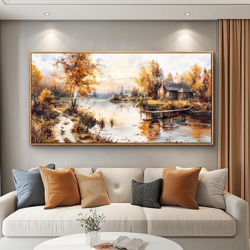 QIYILEXWART Canvas Wall Art For Living Room Large Wall Decor For Office Bedroom Decorations Lakeside Cabins Autumn Landscape Pictures Farmhouse Painting Artwork Room Wall Mural Home Decor 30x60 In by QIYILEXWART - Used condition - US$101.99