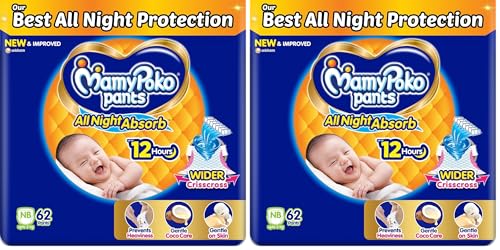 Image of Mamypoko pants All Night Absorb| Pant Style Baby Diapers New Born Size(XS), Total 128 Count, Ideal for upto 5Kgs|+50% wider and repeated absorption for all night 12hr protection from leakage, prevents heaviness (Pack of 2).