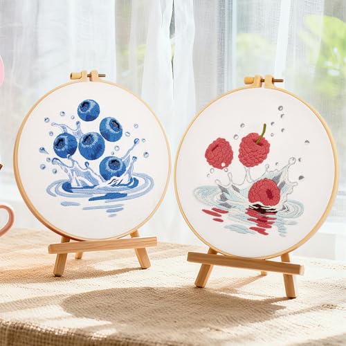 Image of Armindou 2Set Embroidery Kits with Fruit Pattern for Beginners Adults, Hand Embroidery Needlepoint DIY Kits, Stamped Cross Stitch Kits for Beginners Adult, 2 Embroidery Hoops (Attached Video Tutorial)