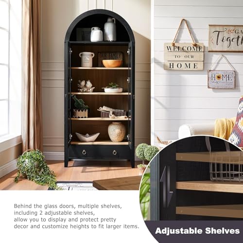 Image of 70 inch Tall Arched Cabinet, Modern Farmhouse Wooden Display Cabinet with Glass Doors, 6 Tier Bookshelf with Adjustable Shelves for Living Room, Office, Black