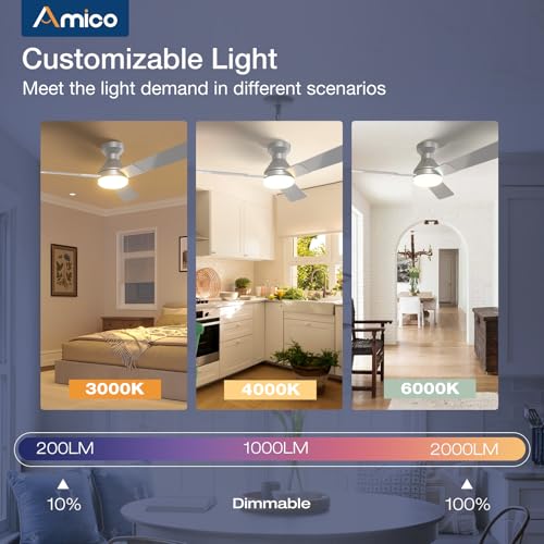 Image of Amico Ceiling Fans with Lights, 52 inch Low Profile Ceiling Fan with Light and Remote Control, Flush Mount, Reversible, 3CCT, Dimmable, Noiseless, Silver Ceiling Fan for Bedroom, Indoor /Outdoor Use