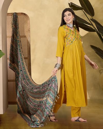 Image of SheWill Women's Mustard American Crepe Zari Sequence Embroidered Alia Cut Kurta with Pant and Dupatta