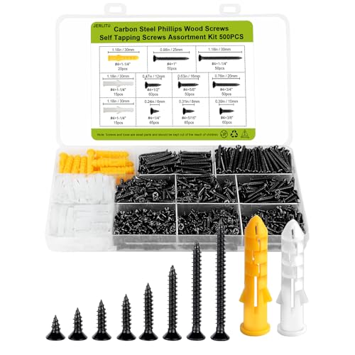 500 Pcs #4 Flat Head Wood Screws Kit - Black Oxide Phillips Drive, 8 Sizes (1/4' to 1-1/4') with 50 M6 Anchors & Storage Case, for Indoor Furniture, DIY Crafts & Cabinet Assembly.