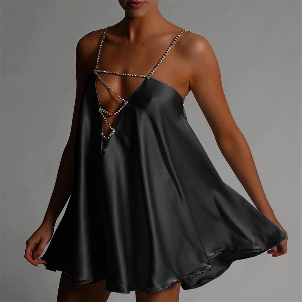 Sexy Kleid mit Kette aus Satin, niedriger Rücken, mit Kristall-Trägern und Hals, für Partys und Clubs., elfenbeinfarben, S