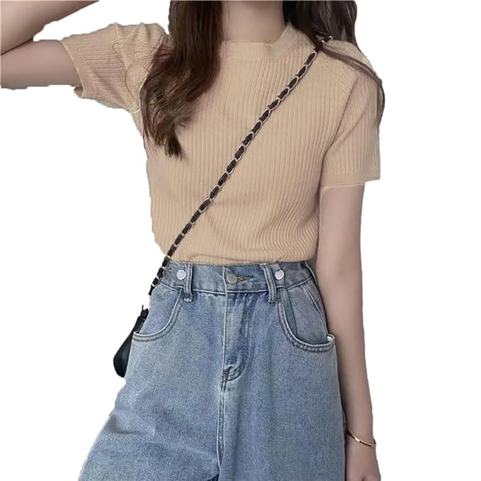 Image of Typical Fashion Women's Ribbed Knit Slim Fit Top - Short Sleeve, Round Neck, Stretchable Stylish T-Shirt for Casual & Formal Wear