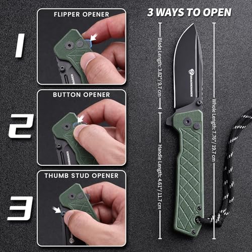 DRACHENADER IE-BR Klappmesser Einhandmesser, 14C28N Stahl, G10 Griff, Taschenmesser mit Buttonlock, Clip, Nylontasche für Camping, Wandern, Klinge Schwarz + Griff Grün – Bild 4